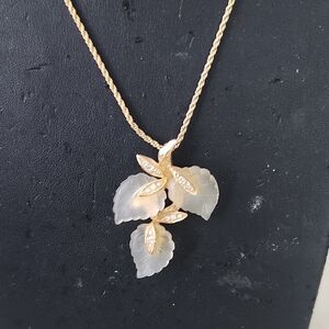 Vintage Christian Dior Matte Frost Leaf Flower Rhinestone Pendant Necklace